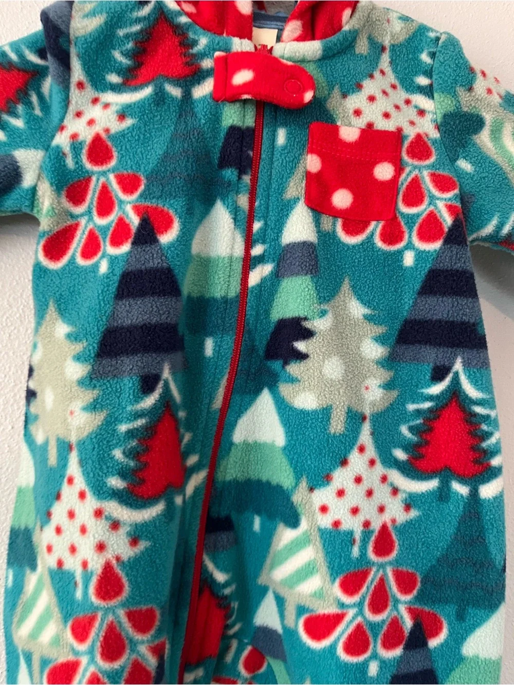 Matilda Jane Teal Holiday Tree Fleece One-Piece with Red Trim - 3 to 6 mo